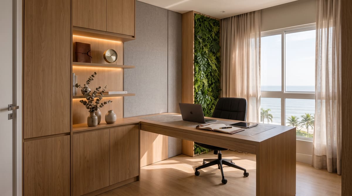 Escritório sob medida com painel de fundo