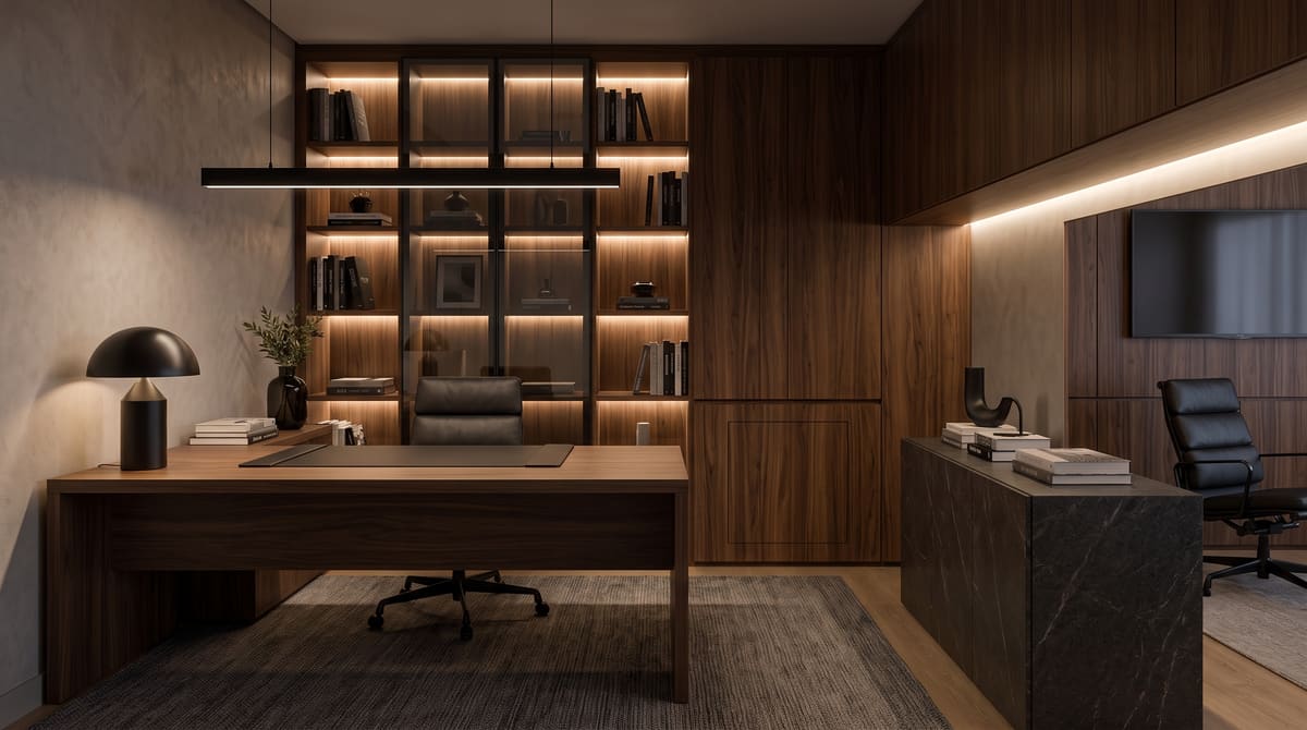 Escritório planejado com mesa de trabalho integrada