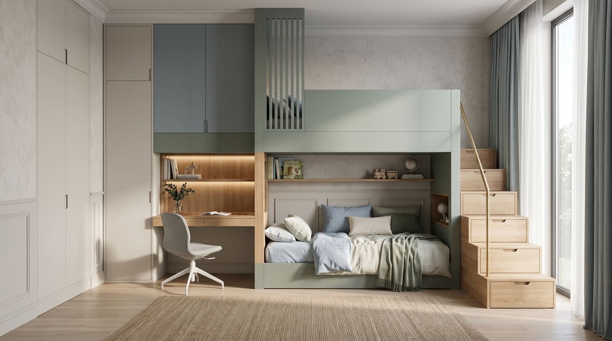 Quarto juvenil funcional com estante e cama planejada