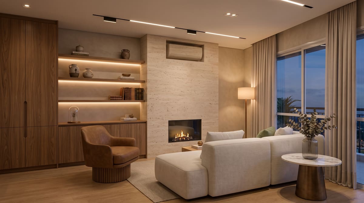 Sala com painel de TV e estante planejada